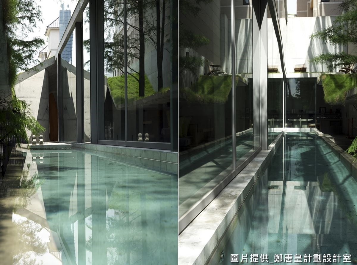 長型游泳池建於建築物玻璃外牆的側邊，宛如國外飯店的美感設計，並可藉由泳池調節溫度。